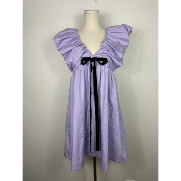 O.P.T. Didi Empire Waist Bow Puff Sleeve Mini Dress Lilac Small Holiday Coquette - Picture 2 of 7